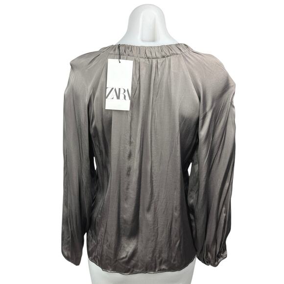 NEW Zara Silver Gray Silky Keyhole Round Neck Long Sleeve Blouse Top Size XS - Picture 2 of 5